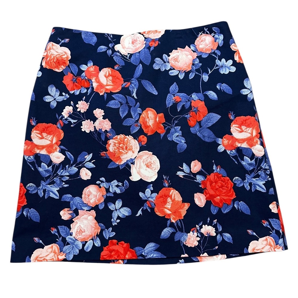 Talbots Navy Blue Floral Print‎ A-Line Skirt Size 8 Lined Coastal